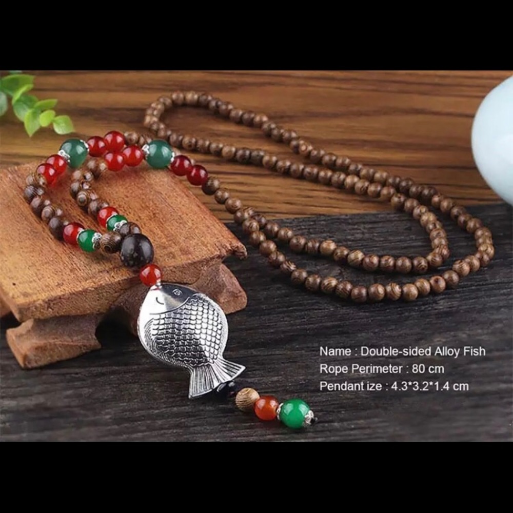 Wood Beaded Necklace with Pendant